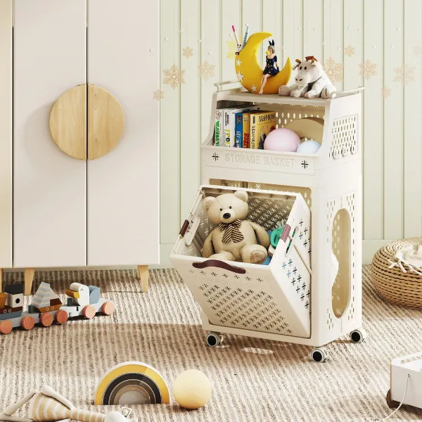 Panier à Linge sur Roulettes Pliable Multicouche Beige 44x29,5x78cm