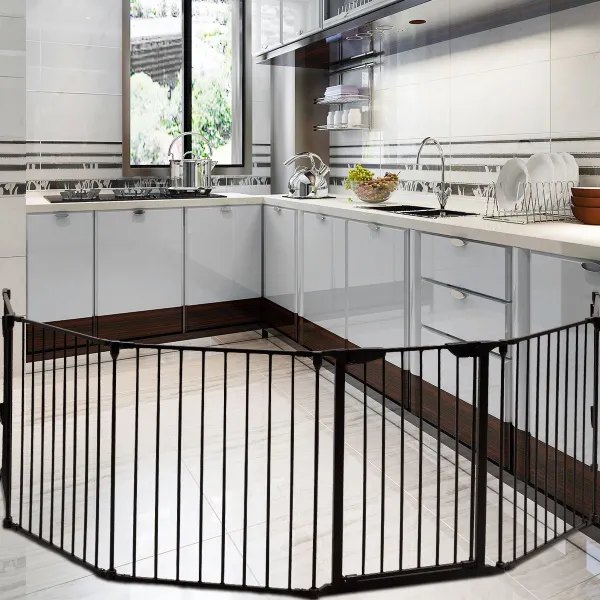 Barrière de Sécurité Foyer 3,8 m Métal Pliable Chien Chat Porte Escalier Noir/Blanc