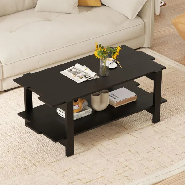 Mesa de Centro de 2 Niveles en Madera | Estante de Almacenamiento | Diseño Rectangular
