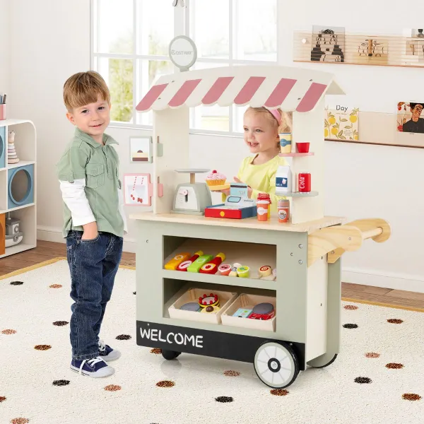 Carrinho de Comida e Guloseimas para Crianças 3+ Brinquedo com Máquina POS e Prateleira Rodas Verde