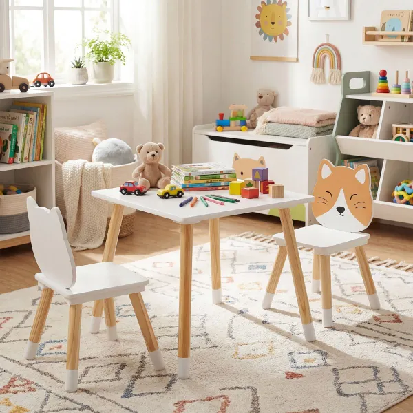Juego de Mesa y 2 Sillas Infantiles de Madera para Actividades, Lectura y Comida