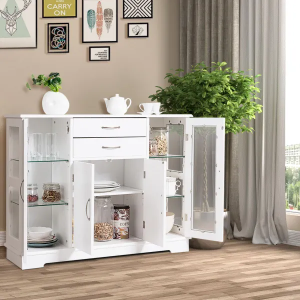 Credenza Bianca Ante Vetro Temperato 2 Cassetti 107x30x82cm