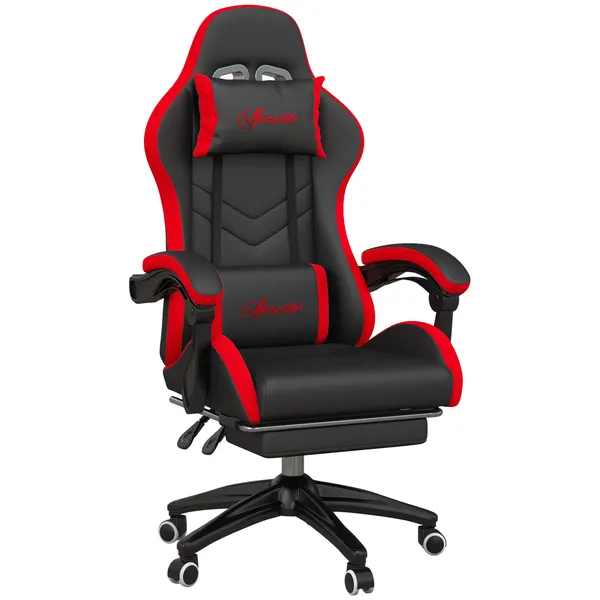 Cadeira Gaming Ergonómica Reclinável 135° Cadeira Gamer Racing de Couro PU com Suporte Lombar Altura Ajustável Apoio para a Cabeça e Apoio para os Pés Retrátil 65x65x129 cm Preto e Vermelho