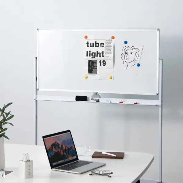 Tableau Blanc Mobile Magnétique Double Face 120x60 cm Hauteur Ajustable avec 6 Marqueurs