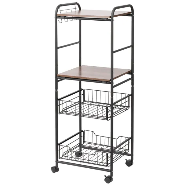 Macchina da cucina con ruote Storage Carretto ausiliario con 2 cesoie 2 cestini rimovibili 4 ganci 40x38x111cm Noce e nero
