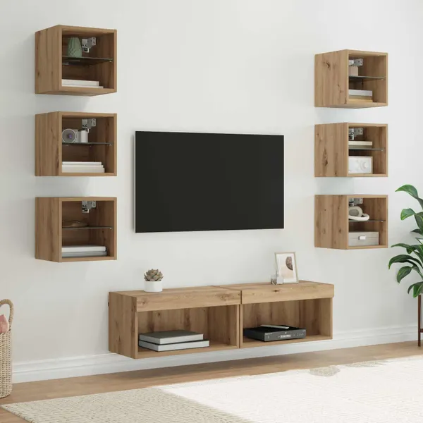 Gabinete para TV com gaveta 8 pcs Carvalho Artesanal Vidro