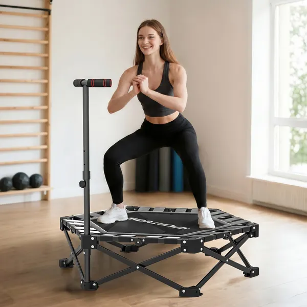 Trampolim de Fitness Dobrável 104 cm Mini Cama Elástica com Barra Ajustável em 3 Alturas Silencioso Estrutura Metálica Reforçada e Bolsa de Transporte para Treino em Casa Ginásio Preto