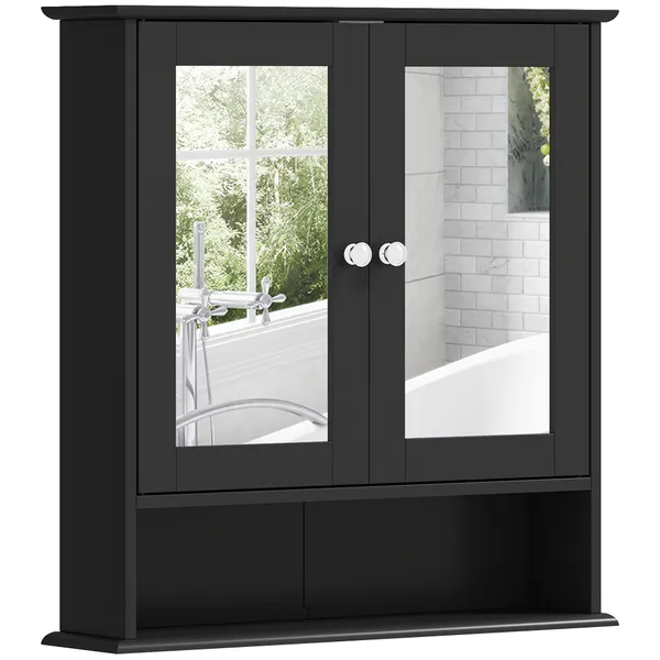 Armário de Casa de Banho com Espelho Armário de Parede com 2 Portas Prateleira Aberta e Ajustável Móvel Suspenso 56x13x58 cm Preto