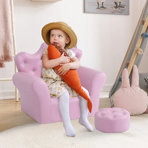 Sofá para Crianças com Banco Sofá Infantil Decorativo com Encosto Alto em Forma de Coroa e Apoio para os Braços Acolchoado 58x40,5x49cm Rosa
