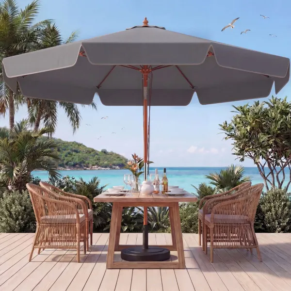 Parasol de Patio 300cm avec Bouton d'Inclinaison Manche Bois Toit Ventilé 8 Baleines pour Jardin Plage Piscine Gris