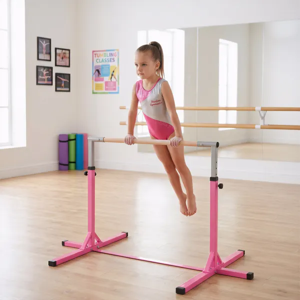 Barra de Ginástica para Crianças acima de 3 Anos Barra de Treino com Altura Ajustável 92-150 cm Barra Horizontal de Ginástica Carga 75 kg 197x121x150 cm Rosa