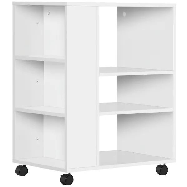 Armário para Impressora Móvel Auxiliar de Escritório com Rodas 3 Prateleiras Laterais e 3 Prateleiras Abertas Carga Máxima 30kg para Dormitório Sala de Estar Cozinha 60x40x75,8cm Branco