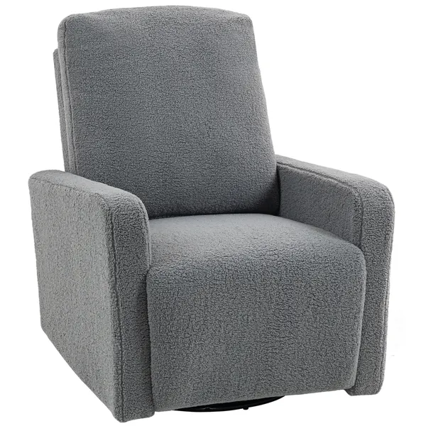 Poltrona Relax Reclinável Manual Poltrona Relax de Borreguito com Apoio de Braços Apoio para Pés, Acolchoado Grosso Função de Baloiço 360° Poltrona Reclinável até 135º 76x94x100 cm Cinza