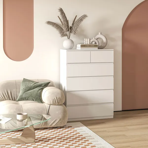Cómoda Moderna com 6 Gavetas Cómoda de Madeira para Dormitório Entrada Sala de Estar Carga Máxima 50kg 80x39x115cm Branco