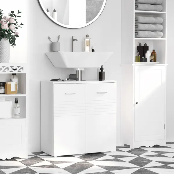 Salle de bain mobile Machine à laver avec 2 portes et plateau intérieur réglable Style moderne 60x30x62,5cm Blanc
