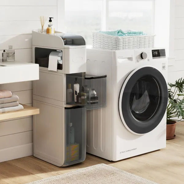 Armario de Baño 4 Niveles Organizador Estrecho 18 cm con 2 Cajones y Caja de Pañuelos Plástico Blanco