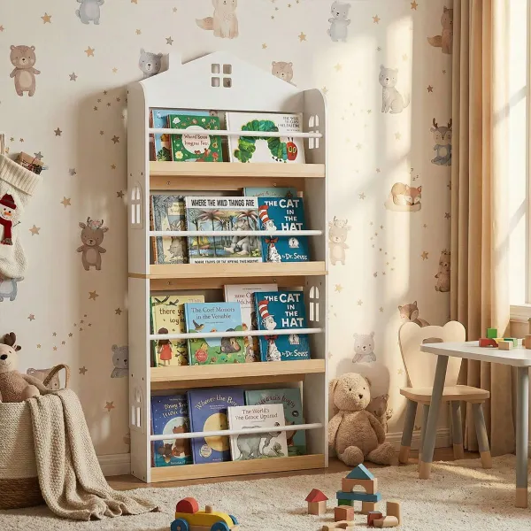 Estantería Infantil Casa 4 Niveles Con Barreras Anticaídas Y Barra Metálica Blanco y Natural