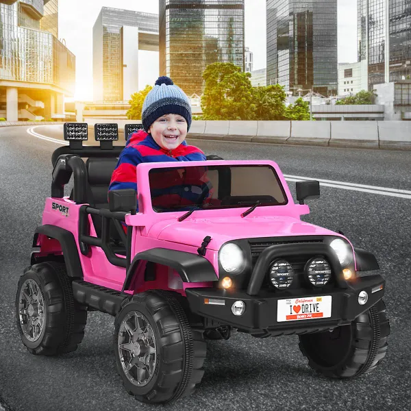 Coche Eléctrico Montable para Niños de Batería 12V con 2 Asientos con Mando 2,4G 3 Velocidades Música Bocina Puerto USB Luces LED
