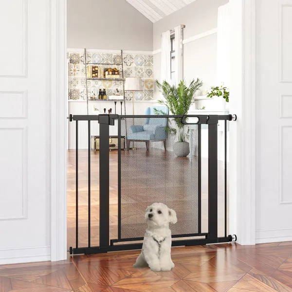 Barreira de Segurança para Cães Extensível 75-103 cm Barreira para Escada e Portas com 2 Extensões Duplo Bloqueio Fechamento Automático Preto