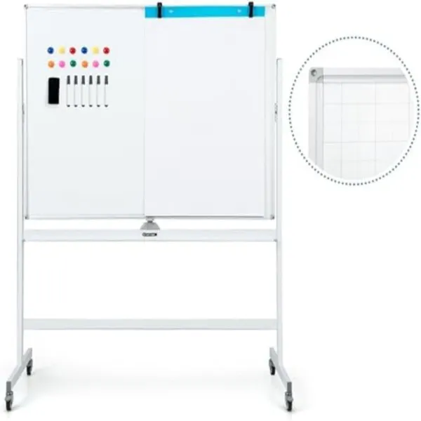 Pizarra Blanca Magnética Móvil Doble Cara 120x90cm Altura Ajustable 161-181cm