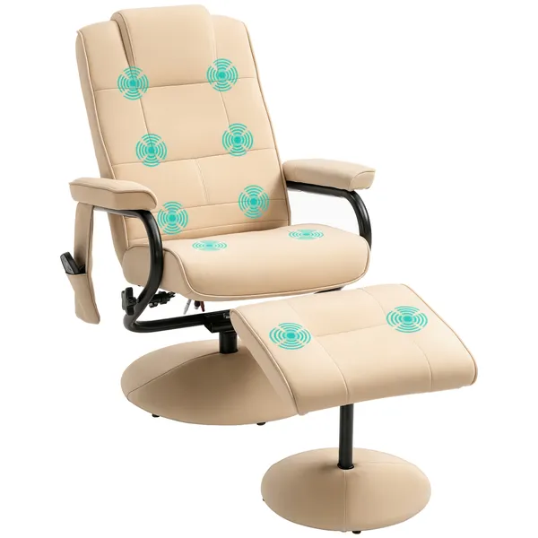 Poltrona de Massagem Elétrica com Banco para Apoiar os Pés Poltrona Relax Giratório Reclinável em até 145° com Controle Remoto e 10 Zonas de Massagem Estofado em PU 77x84x95cm Bege