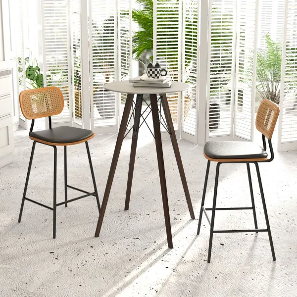 Conjunto de 2 Taburetes de Bar de Ratán con Respaldo y Patas de Metal 45 x 45 x 94 cm