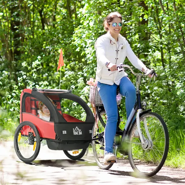 Reboque de Bicicleta para Niños por encima de 18 Meses Reboque de Bicicleta con 2 Lugares con Cinto de Seguridad Espacio de almacenamiento y Sistema de Amortecimiento 140x88x90 cm Rojo