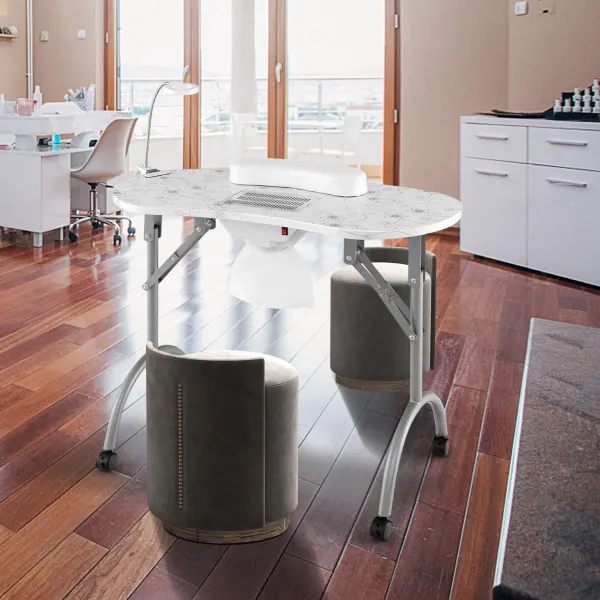 Mesa Portátil para Unhas com Lâmpada LED Ajustável Colector de Pó Eléctrico 4 Rodas 90x43x73cm