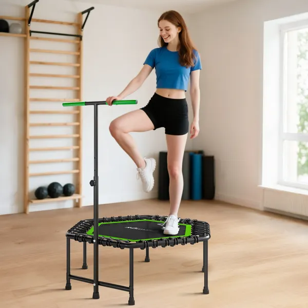Trampolim Fitness 114x114x132 cm Trampolim Fitness con Guíador ajustable en 3 Niveles Estructura de acero para Treino de Perna Cuerpo en Casa Oficina Gimnasio Verde