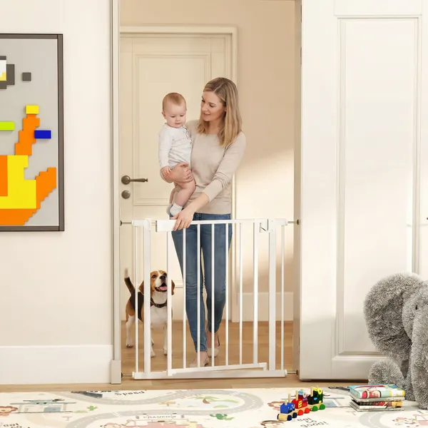 Barreira de Segurança para Crianças e Cães Largura 76-82 cm Porta para Cães Bloqueio Duplo Fecho Automático Abertura em Dois Sentidos para Portas Escadas Montagem por Pressão Branco