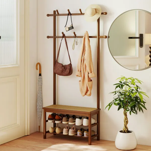 Appendiabiti Albero in Bambù con Panca e Portascarpe 3 in 1 - Rattan PE Intrecciato