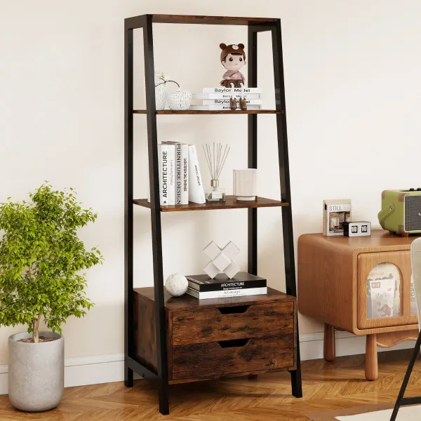 Estante Escada com Arrumação - 4 Prateleiras e 2 Gavetas, Altura 134 cm