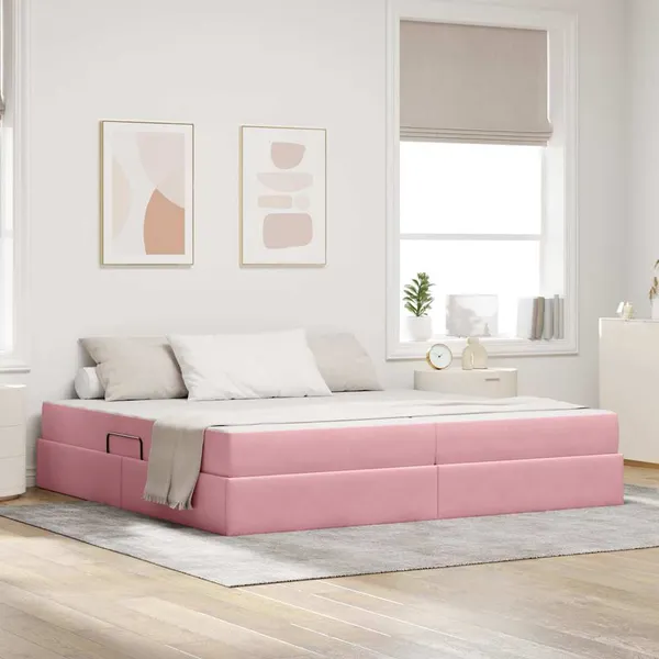 Cama com arrumação e colchão Rosa 200 x 200 cm Veludo