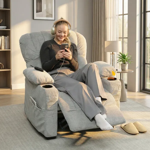 Poltrona Relax Reclinável Elétrica, Poltrona Silenciosa de Veludo com Função Memória, Apoio para os Pés, Comando Remoto, Bolsos Laterais, Porta USB, Porta-Copos, Encosto Concha, Cinzento
