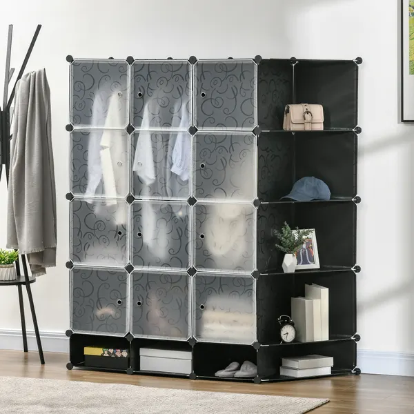 Armadio modulare in plastica portatile con 16 Cubes e 2 Scarpe Organizzatore Bars Abbigliamento Giocattoli per Corridoio in arrivo Dorm 145x46x162cm Bianco e nero