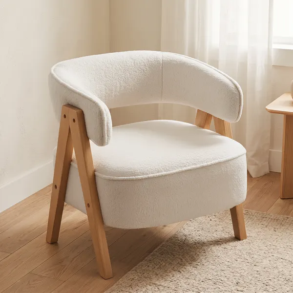 Poltrona de Sala de Estar Estofada em Borreguito Poltrona de Leitura Almofadada e Moderna Assento Largo Pés de Madeira e Encosto Curvo para Quarto Escritório 70x64x71 cm Branco