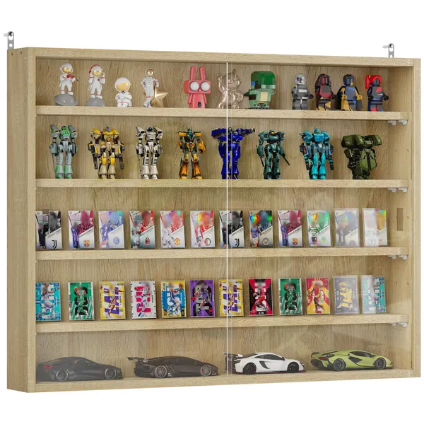 Vitrine de Parede de Madeira con Prateleiras Ajustables y 2 Puertas Correderas de vidrio para colecciones Perfumes Bonecos de Decoración 80x9,5x60 cm Carvalho