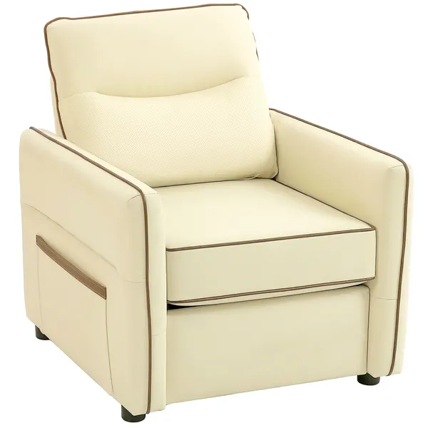 Poltrona Sala de Estar Estofada em Couro Sintético Poltrona Relax Moderna com Assento Largo Acolchoado Espesso Apoios de Braço e Bolso Lateral para Quarto Sala de Estar Capacidade 120 kg Bege