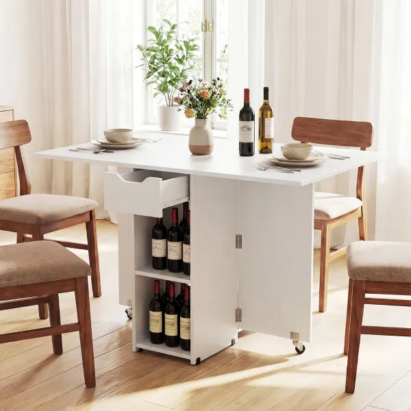 Mesa de Comedor Extensible con 2 Ruedas, Estante y Cajón - 120x72x75 cm Blanco