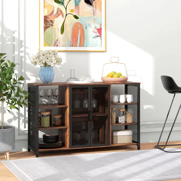 Aparador de cocina industrial móvil de almacenamiento de Garrafas con 6 Estantes Abiertas Soporte para Copos y Estante Ajustable para Bar Sala Cocina 120x40x76 cm Castanho Rústico