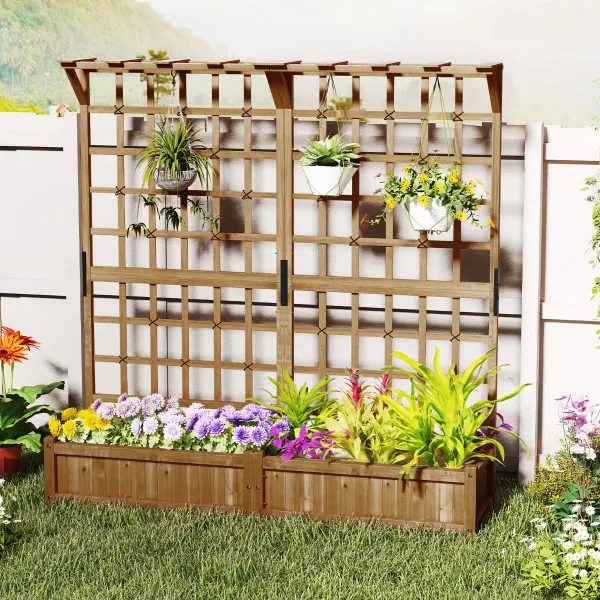Jardinière Surélevée Bois 180cm Treillage Toit Suspendu 2 Bacs