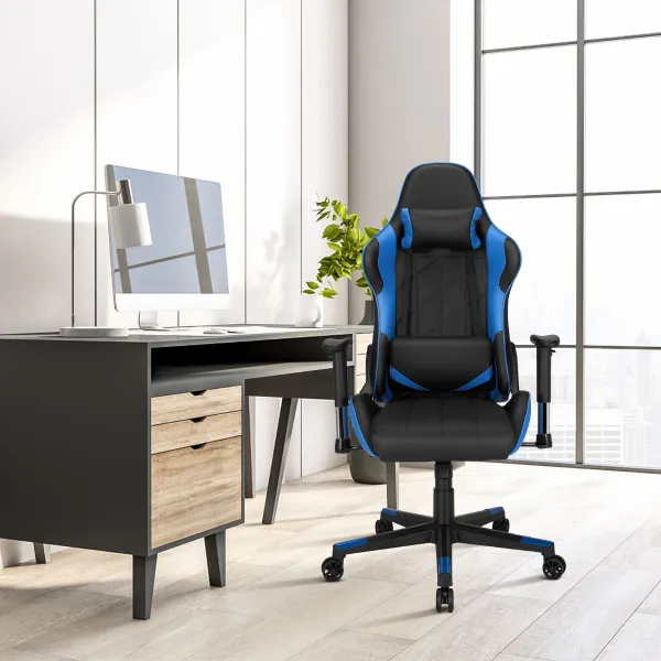 Cadeira Gaming Giratória Ergonómica Reclinável Azul e Preta com Cojim Lumbar