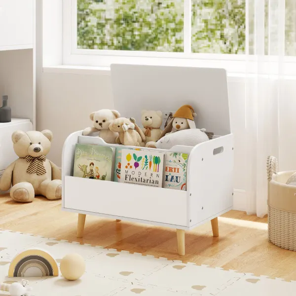 Organiseur de Jouets en Bois avec Couvercle Rabattable et Charnière de Sécurité Blanc