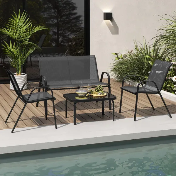 Set Giardino 4 Pezzi: Tavolino Vetro Temperato, Divano e 2 Sedie Grigio