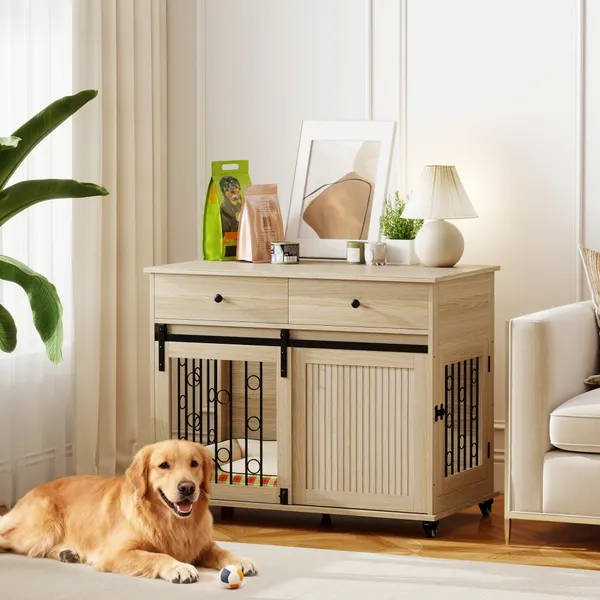 Gaiola para Cães com Rodas Mesa de Apoio Casa para Animais Moderna com 2 Gavetas 2 Portas e Fecho para Cães Médios e Grandes 100x56x81 cm Carvalho