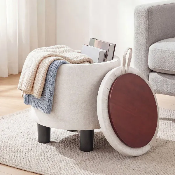 Pouf Rotondo Beige Contenitore con Coperchio Ribaltabile Lino | Sgabello
