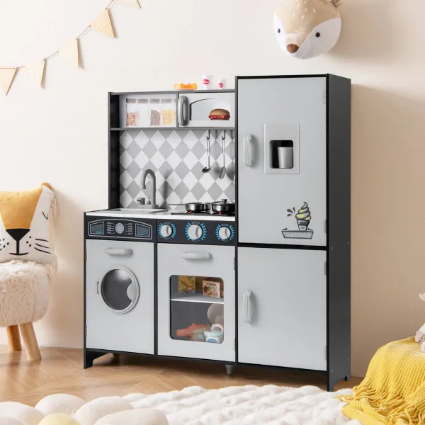 Cuisine de Jeu en Bois avec Machine à Glaçons, Poêle, Lave-Linge et Effets Sonores pour Enfants 3+ Ans