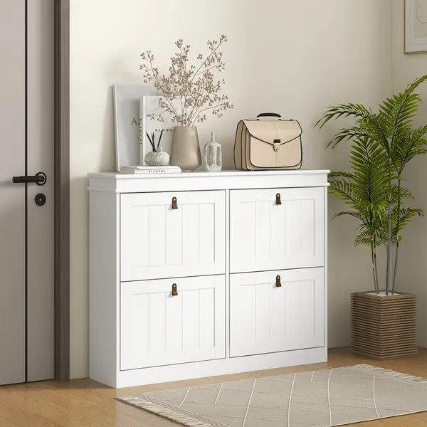 Móvel Sapateira Branco Sapateira Estreita com 4 Portas e Prateleira Ajustável para 20 Pares de Sapatos Anti Tombo para Entrada Corredor 105x24x82,5 cm Branco