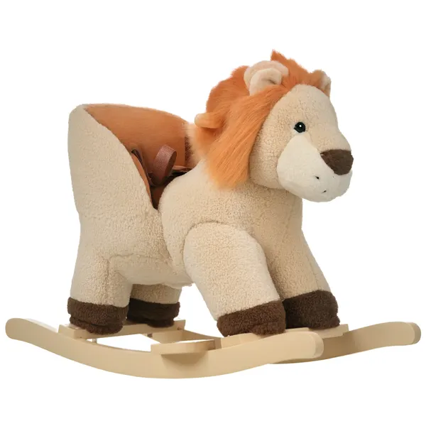Baloiço Infantil em Forma de Leão de Pelúcia para Bebés 18-39 Meses com Som Cinto de Segurança Guidão Apoio para os Pés 68x35x50cm Marrom