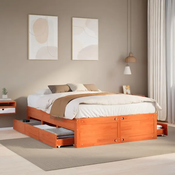Cama sem colchão com gavetas madeira pinho maciça castanho-mel